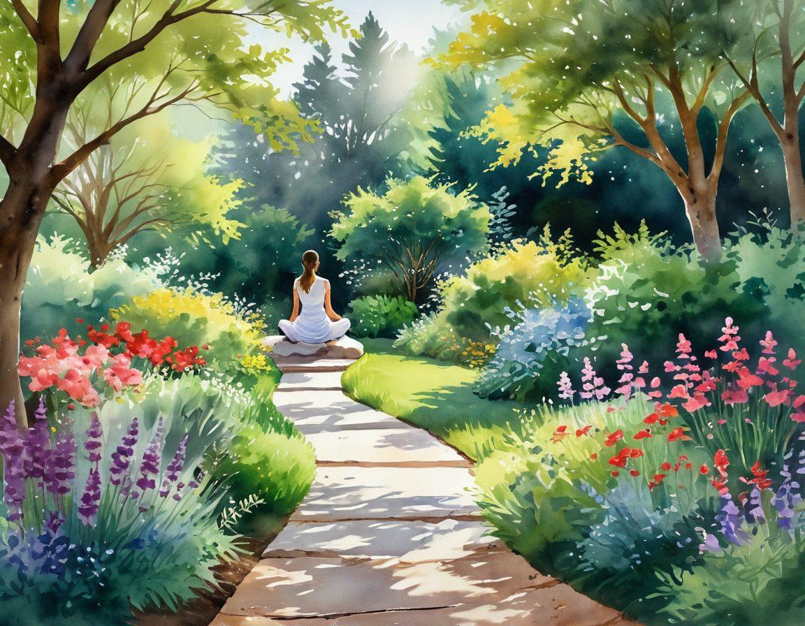 A serene landscape depicting a tranquil garden with a path leading through vibrant flowers and calming greenery, symbolizing a journey toward wellness. In the foreground, a person meditating in a peaceful pose, radiating inner strength and mindfulness. Light filters through the trees, creating a warm and inviting atmosphere. Inspirational quotes are subtly integrated into the scene to enhance motivation. watercolor painting. soft pastels.