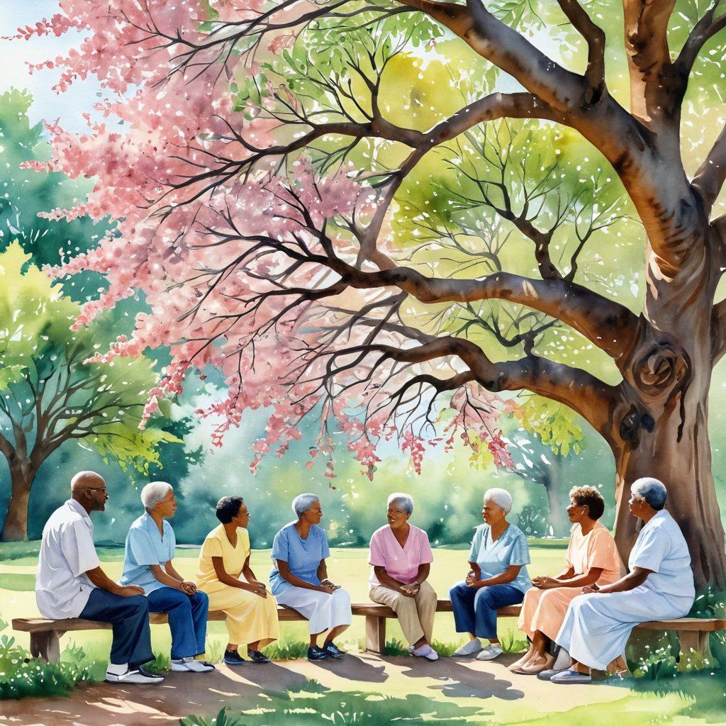 A serene scene depicting a diverse group of cancer survivors and patients, engaged in a supportive discussion under a large, blooming tree symbolizing growth and hope. Sunlight filters through the leaves, casting warm, inviting light on expressions of resilience, camaraderie, and empowerment. Gentle, uplifting colors create a soothing atmosphere, illustrating the journey of healing through knowledge. watercolor style. soft pastels. uplifting ambiance.