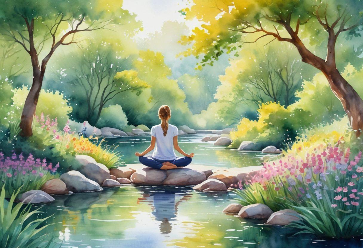 A serene landscape depicting a tranquil garden with blooming flowers, a gentle stream, and soft sunlight filtering through lush trees. In the foreground, a peaceful figure practicing yoga meditation symbolizes mindfulness. Subtle representations of various cancer journey stages are illustrated in supportive, harmonious colors. The overall scene conveys a sense of hope, healing, and resilience. watercolor style. vibrant colors. soothing atmosphere.